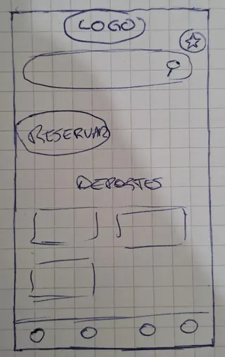 Boceto en papel de la pantalla de inicio con logo, buscador, botón de reservar y categorías de deportes.
