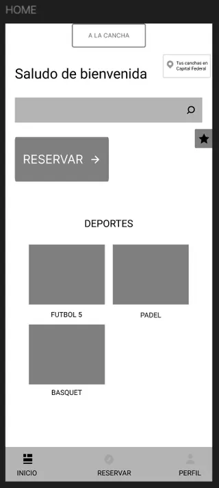 Wireframe en baja fidelidad del inicio: saludo, buscador, botón reservar y deportes.
