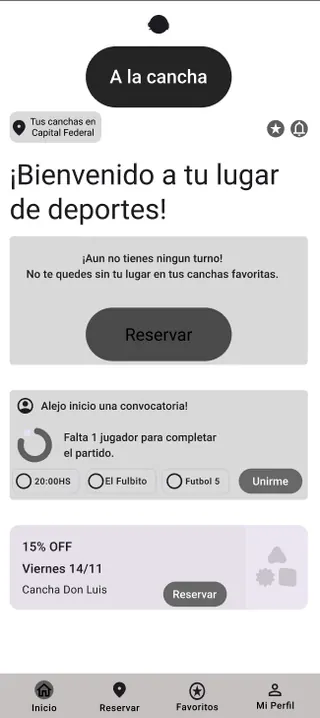 Wireframe con patrones de Material Design: bienvenida, reserva, sección para sumar jugadores y promociones.