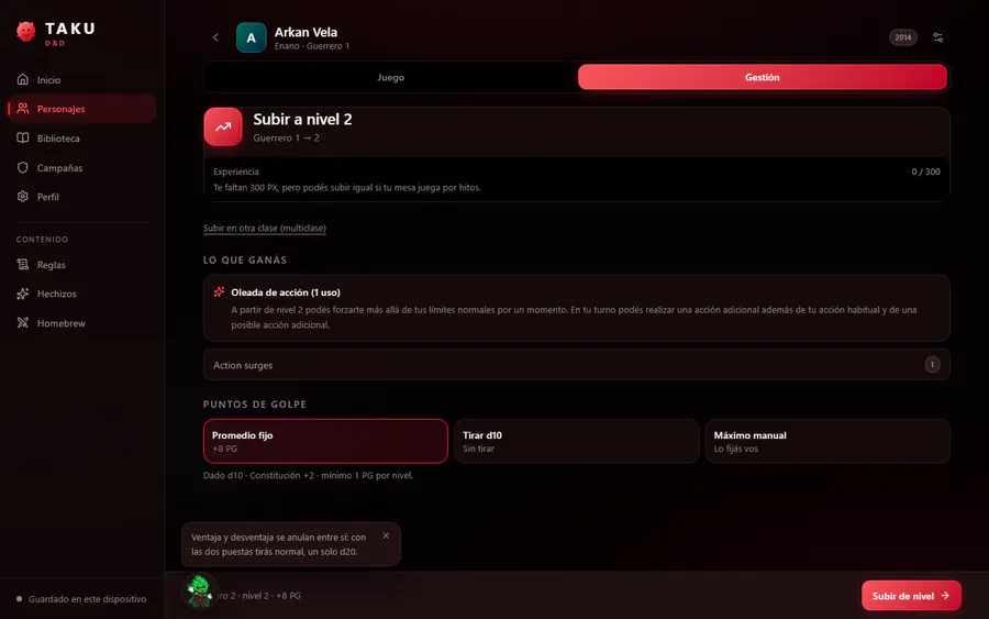 Pantalla «Subir a nivel 2» de un guerrero enano: lo que gana con el nivel, tres formas de calcular los puntos de golpe y un consejo de Taku sobre ventaja y desventaja.