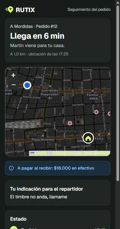 Página de seguimiento en el celular: «Llega en 6 min», el mapa con el repartidor y la casa de destino, lo que hay que pagar al recibir y la indicación para el repartidor.